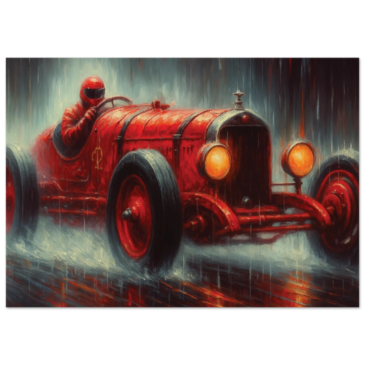 Vintage red race car wall art on a wet road with a person inside, set against a dark, rainy background.