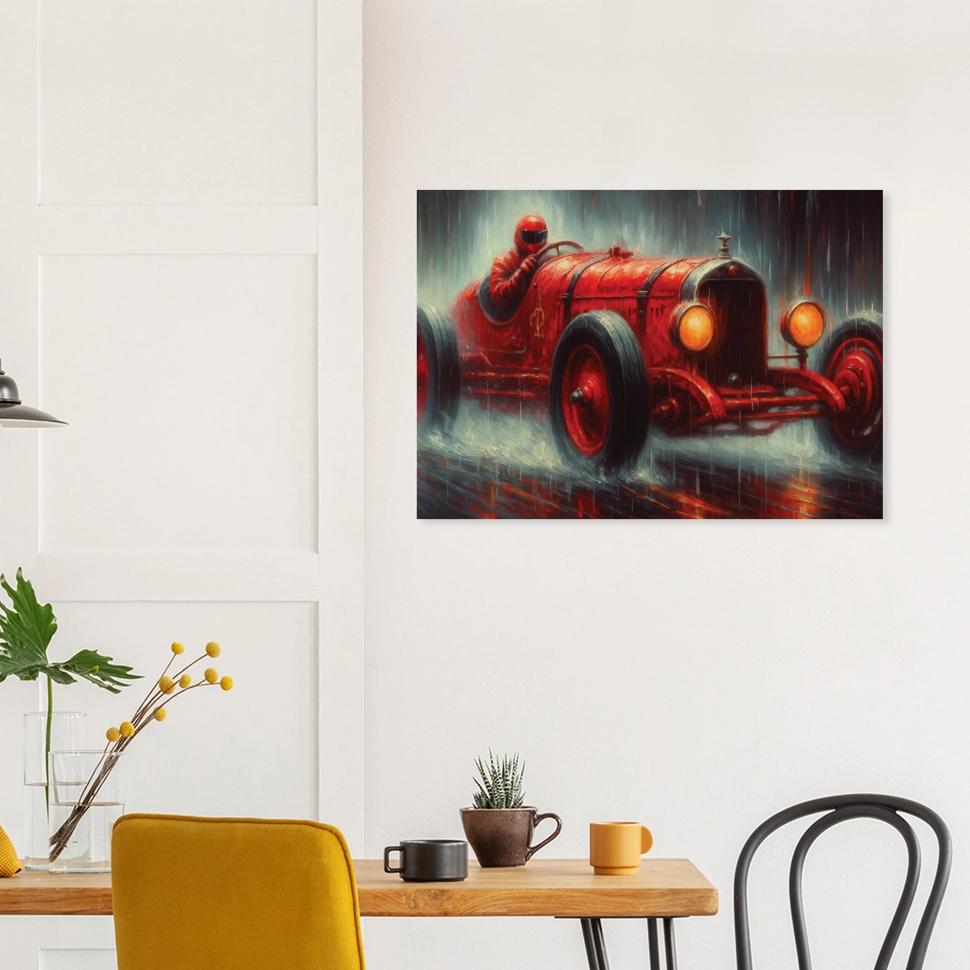 Unframed wall art print of a red vintage car on a wall above a table with decor items.