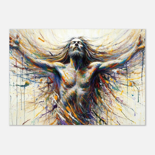 Abstract painting of a male figure with outstretched arms on a white background