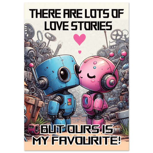 Two robots embracing with hearts and text about love stories on a colorful background