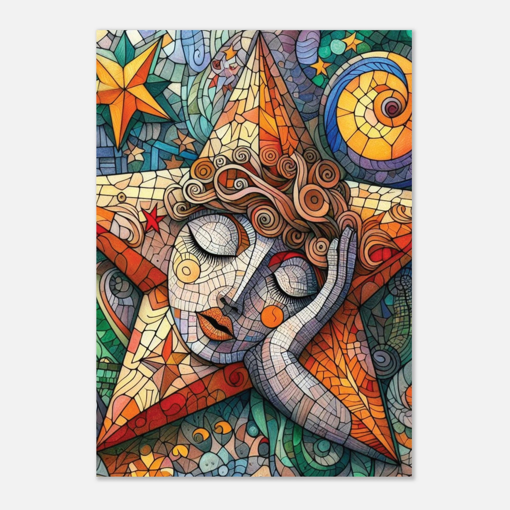 Colourful abstract artwork with intricate designs on a white background