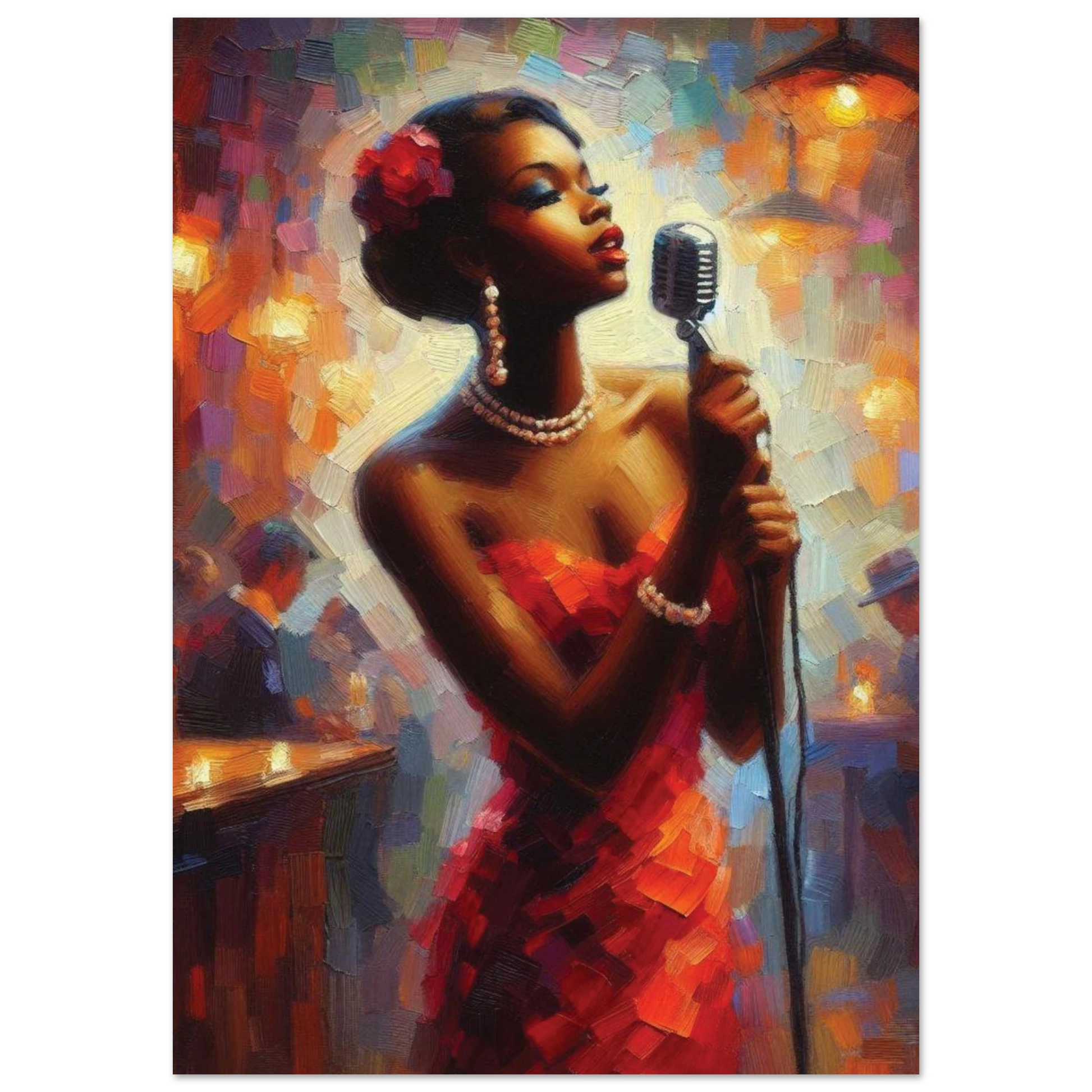 Print of a woman in a red dress holding a microphone with a colourful background