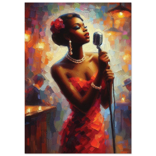 Print of a woman in a red dress holding a microphone with a colourful background