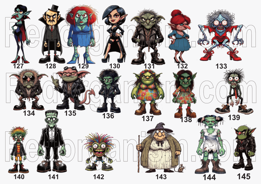 Image of a selection of drawings of spooky characters