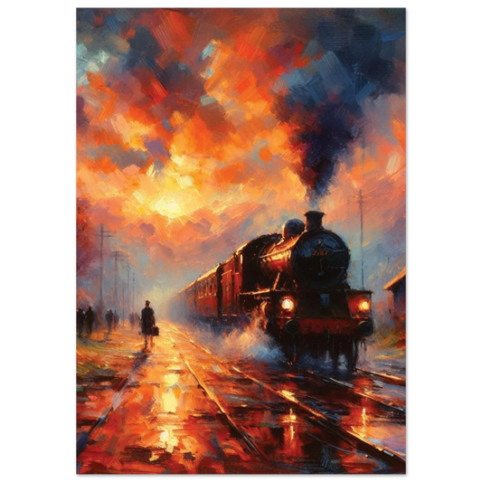 Painting of a steam train on tracks with a dramatic sky