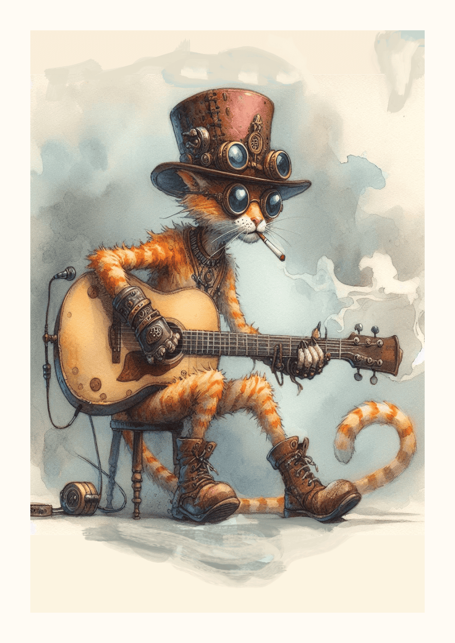 An illustration of a cat wearing a steampunk style hat and boots, playing a guitar.
