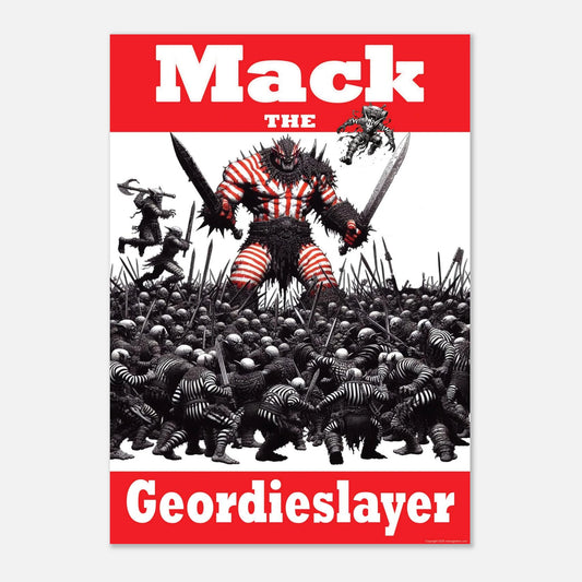 Football poster with a large character holding two swords, surrounded by smaller figures, on a red and white background.