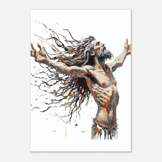Abstract artwork of a figure with outstretched arms on a white background