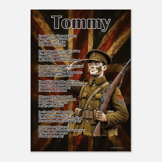 Print of a soldier with a British flag in the background, featuring text.
