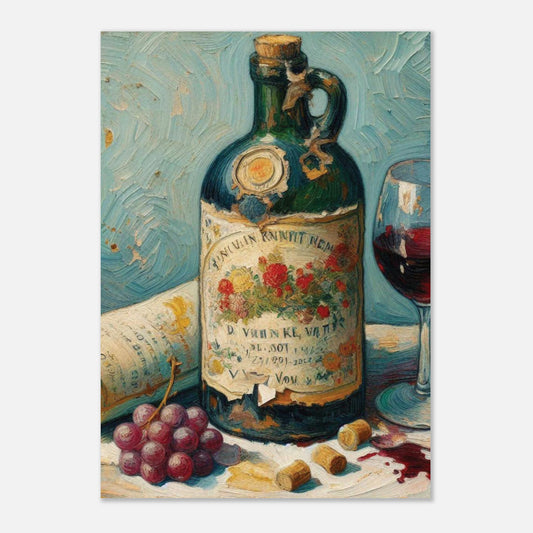 art print of a wine bottle with a label, grapes, and a glass of wine on a textured surface.