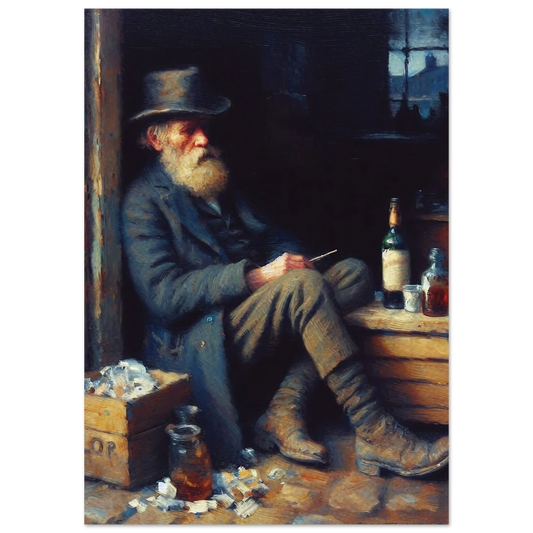 Painting of a man sitting in a dimly lit room with a bottle and other items around him.