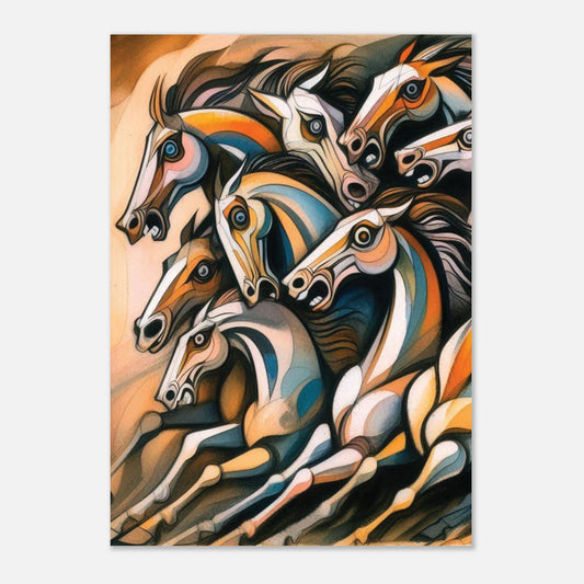 Colorful abstract painting of horses on a white background